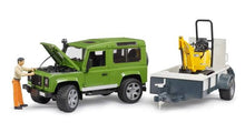 Load image into Gallery viewer, Bruder 02593 Land Rover Defender With Trailer, JCB, Excavator and Worker