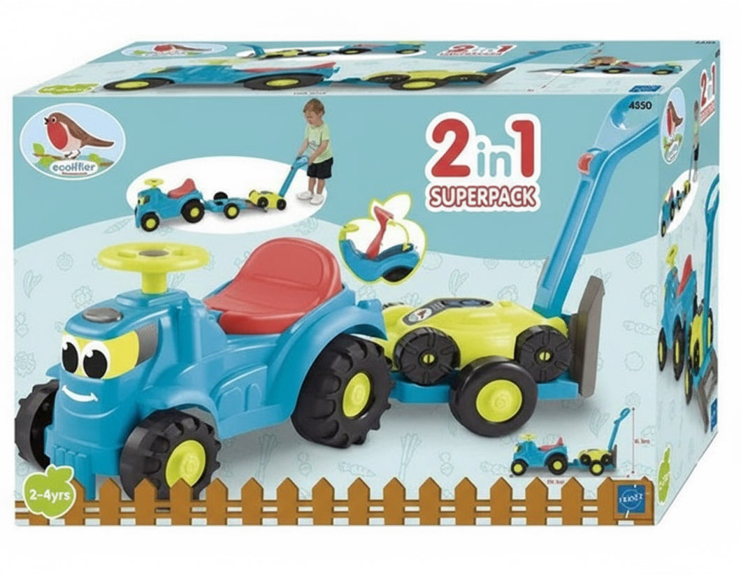 Ecoffier Pedal Tractor With Trailer and Lawnmower Blue