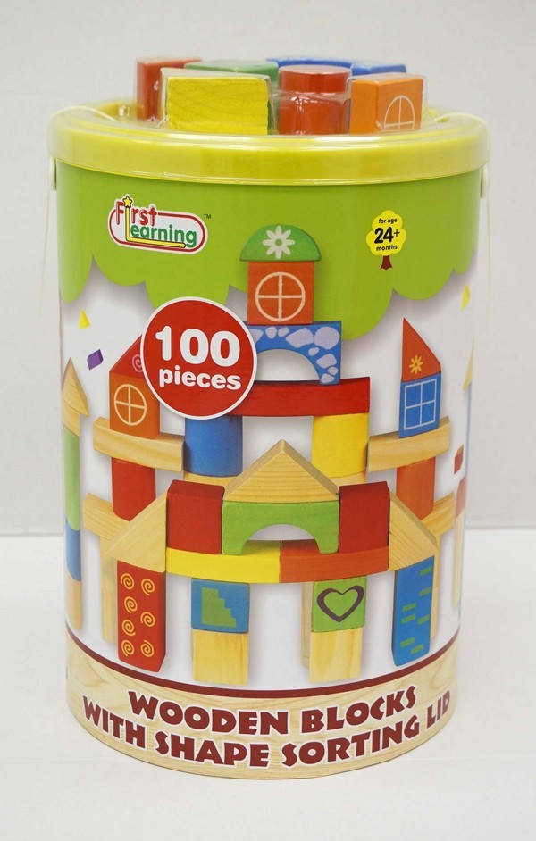 100 Piece Wooden Blocks with Shape Sorting Lid