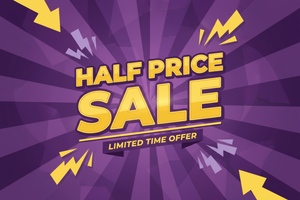Half Price Sale in purple and yellow colour scheme 